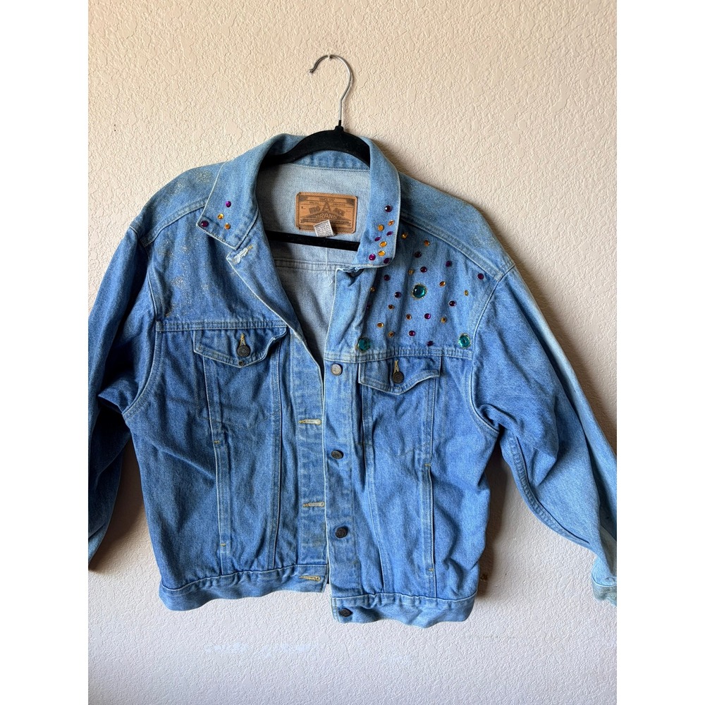 Vintage Big A Brand Rhinestone Embellished Denim Jacket Light Wash Trucker Blue‎
